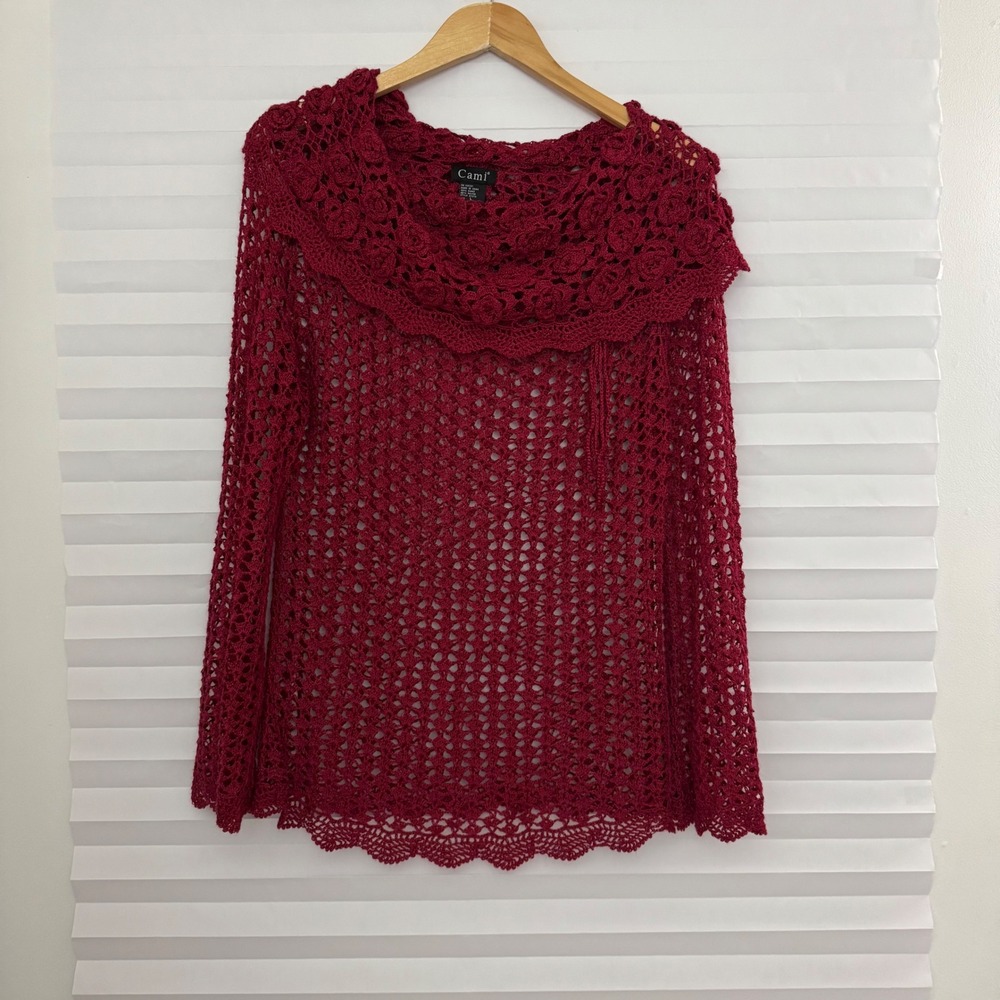 Cami Burgundy Red Crochet Boho Cowl Neck Mesh Sweater Romantic Bell Sleeve L